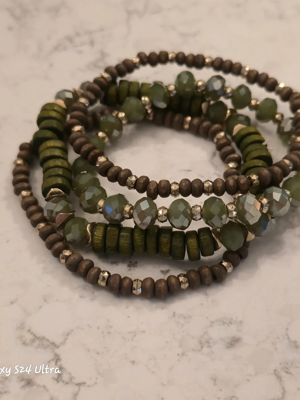 Source Unknown Olive Green and Brown Beaded Stretch Bracelet Set